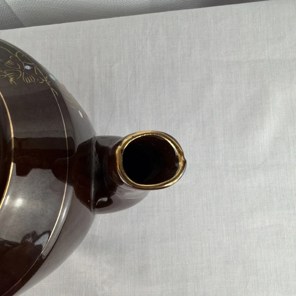 Vintage Brown Betty Redware Teapot Moriage Enamel Hand Painted Japan GUC MCM